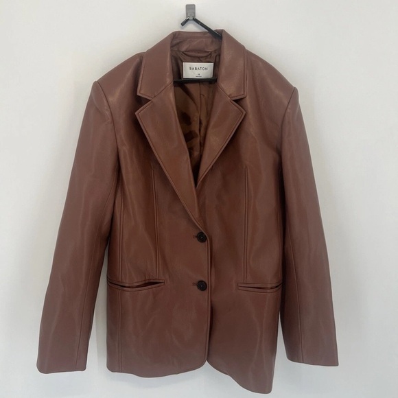 Babaton Smith Soft Vegan Leather Single Breasted Seamed Blazer Brown Black - Picture 7 of 8
